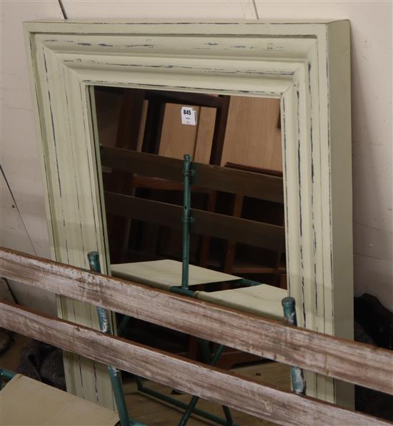 A large rectangular pale green painted wooden mirror H.122cm